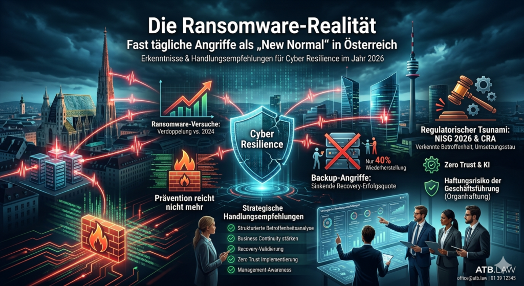 Hier sind die gewünschten SEO-optimierten Texte für das Bild, basierend auf dem bereitgestellten Blogbeitrag über die Ransomware-Lage in Österreich im Jahr 2026. 1. SEO-optimierter Alternativtext (Alt-Text) Dieser Text wird angezeigt, wenn das Bild nicht geladen werden kann, und ist entscheidend für Barrierefreiheit und Suchmaschinen. Infografik zum Cyber Security Report 2026 für Österreich über die Ransomware-Bedrohungslage: Visualisierung von fast täglichen Angriffen, Backup-Problemen, NISG 2026 Regularien, Haftungsrisiken für Geschäftsführer und strategischen Handlungsempfehlungen für Cyber Resilience mit Blick auf die Wiener Skyline.